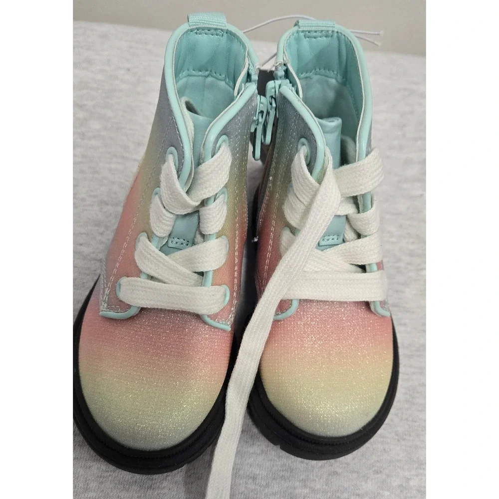 Cat & Jack Toddler Girls Rainbow Ombre Glitter Combat Boots Size 6 Pastel Zip Up